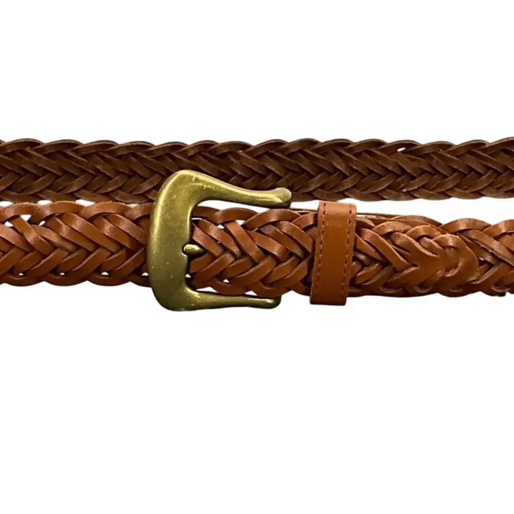 Brown Genuine Leather Braided Belt Brass Buckle Women 34”-38”